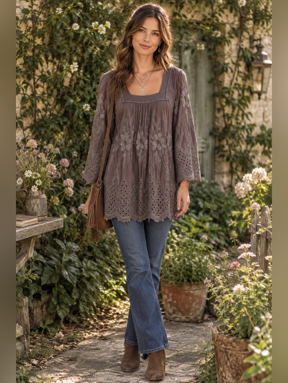Sundance Brown Floral Lace Boho Tunic Top | Women’s PM | Western Cottagecore